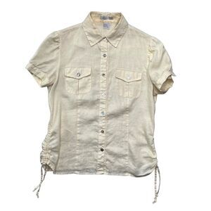 Tweeds‎ Women's Size Small Yellow Linen Short Sleeve Button Up Shirt